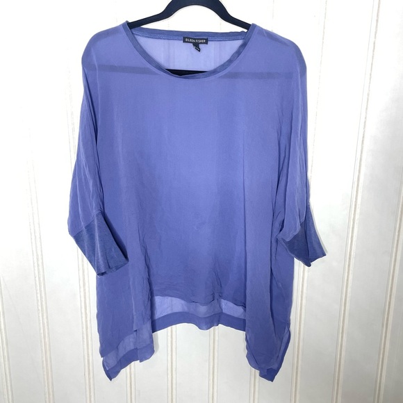 Eileen Fisher Silk Georgette Flowy Blue Sheer Top Sz M 283 - Picture 2 of 7